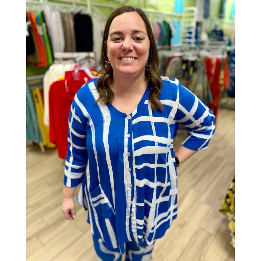 NEW IGUANA aku tunic top in blue/white